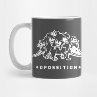 Opossum mom and her cute children. Funny political pun. Mug